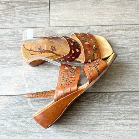 Pikolinos  Brown Tan Leather Embroidered Square Toe Slingback Sandals - Picture 5 of 14